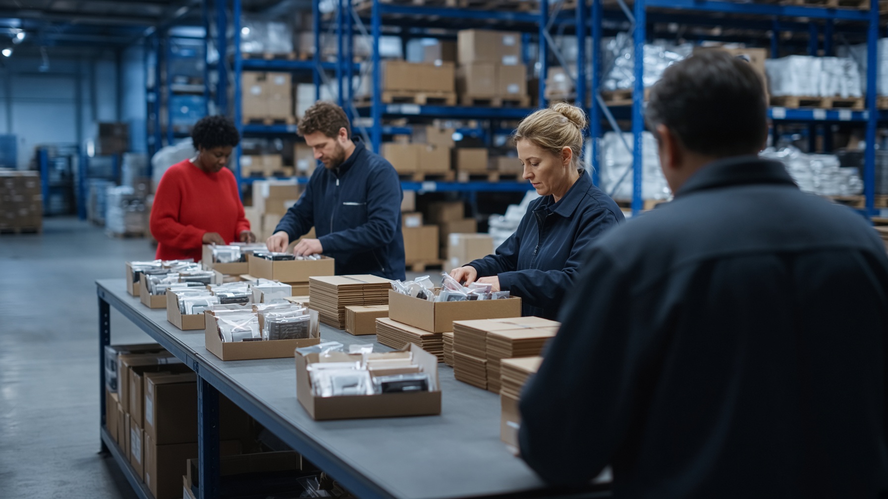 Kitting und Konfektionierung: Setbildung am Arbeitstisch im ULD-Lager Hamburg