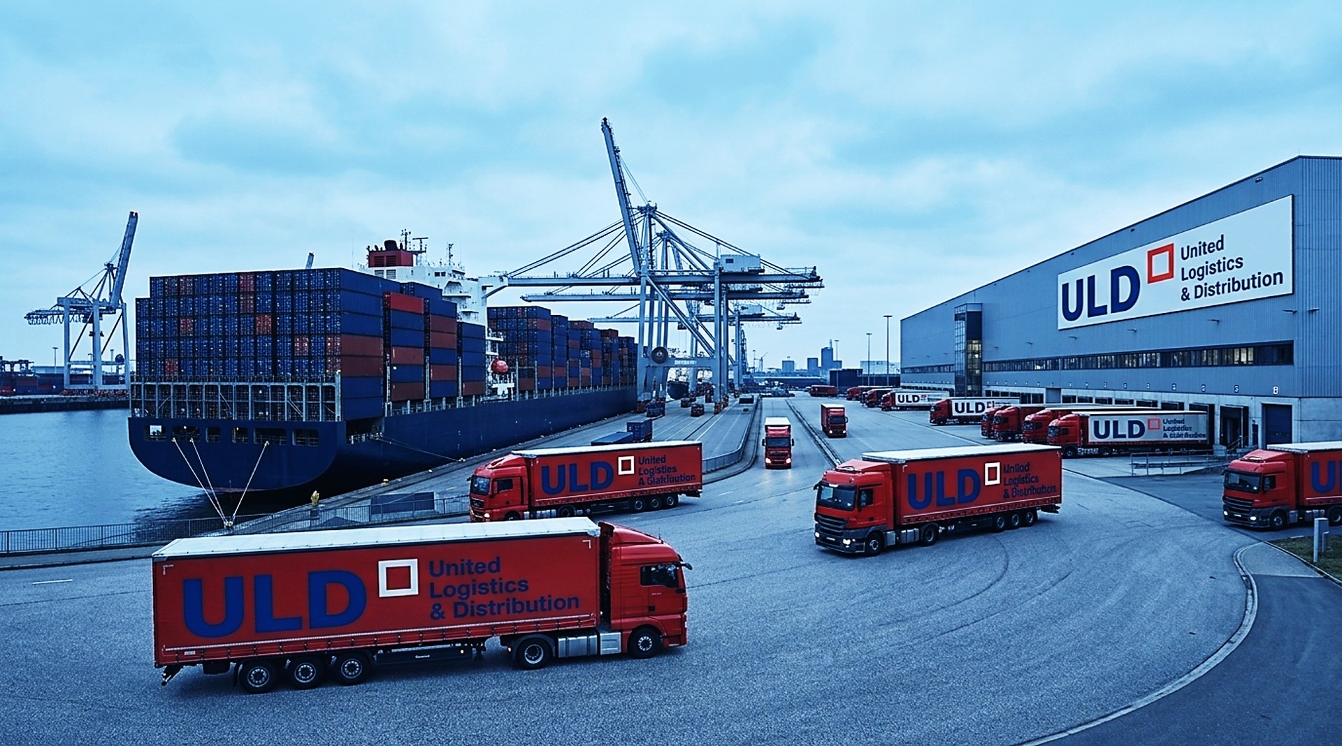 ULD-Fulfillment im Hamburger Hafen: Sattelzüge vor der Halle, Containerbrücken und Terminal im Hintergrund